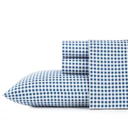 Twin XL Printed Pattern Percale Cotton Sheet Set Navy Gingham - Poppy & Fritz