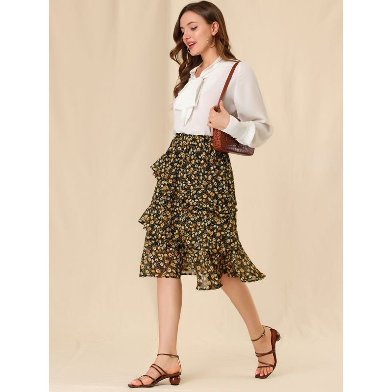 Allegra K Women's Floral Layered Elastic Waist Chiffon Ruffle Midi Skirt, 2 of 7