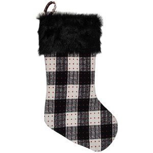 Northlight 21" Black and Ivory Plaid with Dots and Faux Fur Cuff Christmas Stocking - 1 of 3