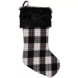 Northlight 21" Black and Ivory Plaid with Dots and Faux Fur Cuff Christmas Stocking