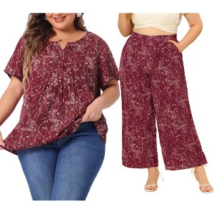 Women's Plus Size Two Piece Set Floral Split Neckline Blouses and High Waist Wide Leg Palazzo Pants Top and Bottom Sets - Agnes Orinda - 1 of 4