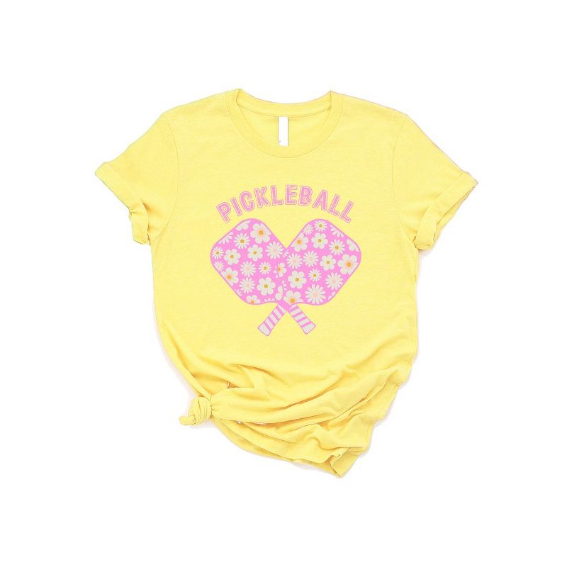 Simply Sage Market Women's Pickleball Flowered Paddles Short Sleeve Graphic Tee - M - Yellow, 1 of 5