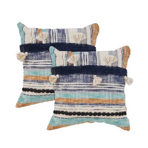 HomeRoots Set of Two Blue Striped Cotton Throw Pillow With Tassels - 1 of 4