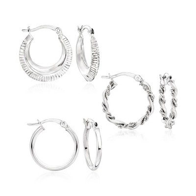 Ross-Simons Sterling Silver Jewelry Set: 3 Pairs Of Textured and Polished Hoop Earrings
