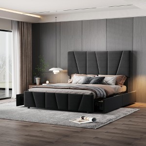 Bed Frame with Adjustable Headboard & 4 Storage Drawers, Velvet Upholstered Platform Bed with Wood Slats No Box Spring Needed, Grey - 1 of 4
