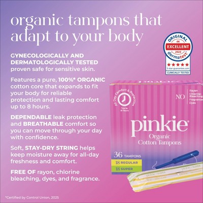 Pinkie Tween & Teen Organic Cotton Tampon Multipack - Regular & Super Absorbency - 36ct