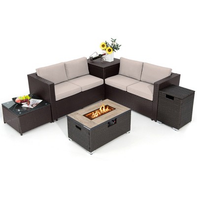 Tangkula 6 Piece Patio Sofa & Fire Table Set Outdoor Rattan Sectional Sofa Set w/ Storage Box Beige