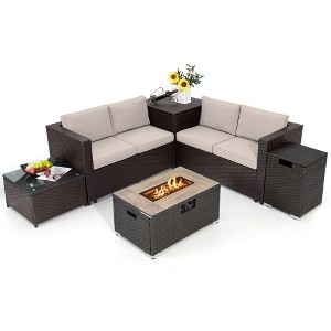 Tangkula 6 Piece Patio Sofa & Fire Table Set Outdoor Rattan Sectional Sofa Set w/ Storage Box Beige - 1 of 4