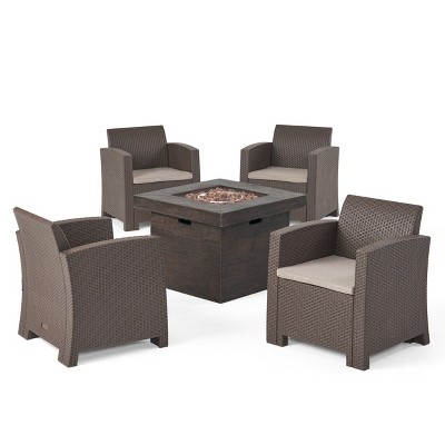 GDFStudio Polk Outdoor Polypropylene 5-Piece Club Chair and Fire Pit Set