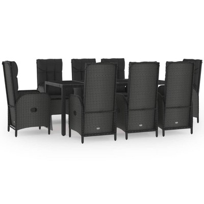 vidaXL 9-Piece Black & Gray Poly Rattan Patio Dining Set - Reclining Garden Chairs & Glass-Top Table