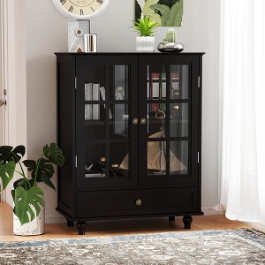 TIRAMISUBEST Minimalist Black Buffet Cabinet with Double Glass Doors and Drawer, Modern Wooden Storage Sideboard Cupboard for Living room(Black) - 1 of 4
