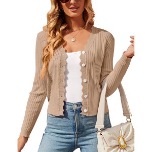 Womens Lightweight Knit Cardigan V Neck Long Sleeve Front Button Down Elegant Shrugs for Dresses,Khaki - M - 1 of 4