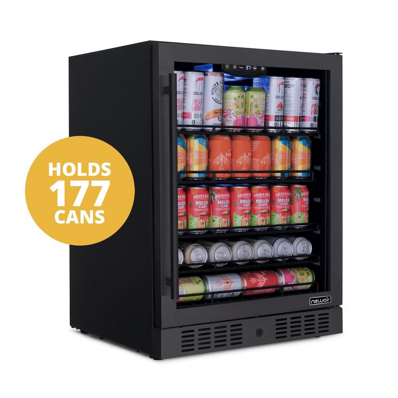 Newair 24" Beverage Refrigerator Cooler, 177 Can Black Stainless Steel Glass Door Fridge, Built-in Counter or Freestanding Bar Drinks Refrigerator, 1 of 17