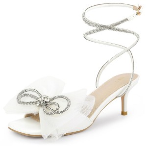 Perphy Women's Mesh Bow Lace Up Rhinestones Strap Kitten Heel Sandals - 1 of 4