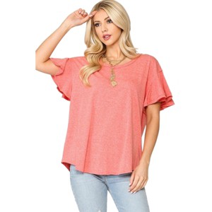 Slickblue Women's Frill Sleeve Round Neck Top, Coral Color, Scoop Hem, Casual & Workwear Essential, S - 1 of 4