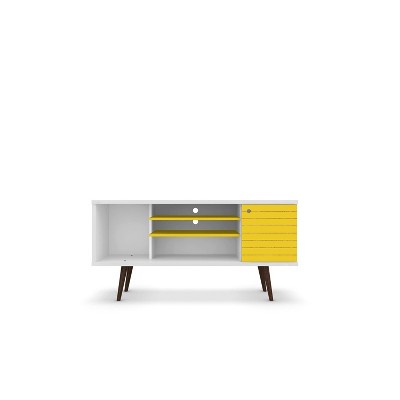 White and Yellow Mid-Century Modern TV Stand with Cabinet