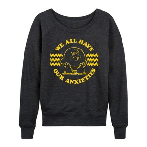 Women's - Peanuts - We All Have Our Anxieties Lightweight French Terry Wide Neck Long Sleeve Shirt - 1 of 4
