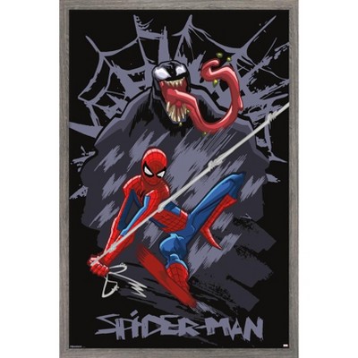 Trends International Marvel Spider-Man: Inked - Venom Framed Wall Poster Prints Barnwood Framed Version 22.375" x 34"