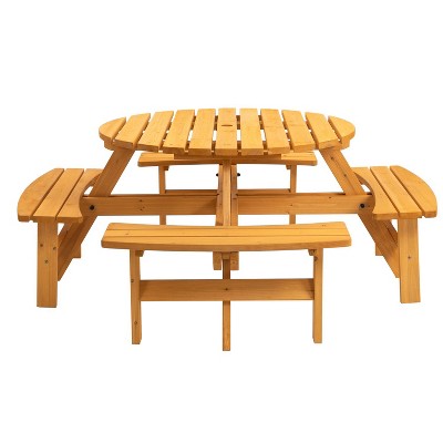 Kelly 6-Person Wooden Circular Patio Picnic Table Set with 3 Built-in Benches, Outdoor Furniture - The Pop Home