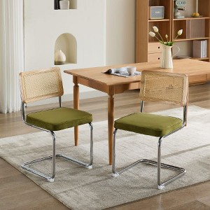 Kumasinova Set of 2 Upholstered Cantilever Dining Chairs, Rattan Back Kitchen Chair, Mid Century Modern Dining Room Chairs, Velvet Dining Chairs - 1 of 4