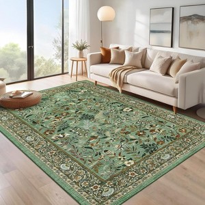 Washable Rug - Non-Slip Soft Low Pile Botanical Carpet Thin Non-Shedding Foldable Floor Mat for Living Room Bedroom Dining Room - 1 of 4