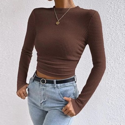Women Long Sleeve Crew Neck Tops Waffle Ruched Casual Shirts Blouse