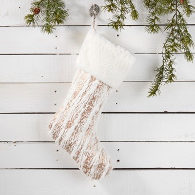 Gold and White Faux Fur Christmas Stocking with Metallic Print