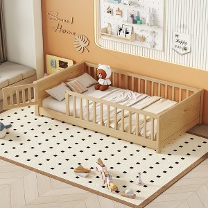 Whisen Twin Size Montessori Floor Platform Bed with Built-in Book Storage Rack on Headboard - 1 of 4