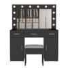 Black Linen Particleboard with Triamine 3 Drawers, 2 Doors, with 12 Tri-color Dimmable Light Bulbs, Rows of Plugs, Glass-topped Vanity Table Set - 3 of 4