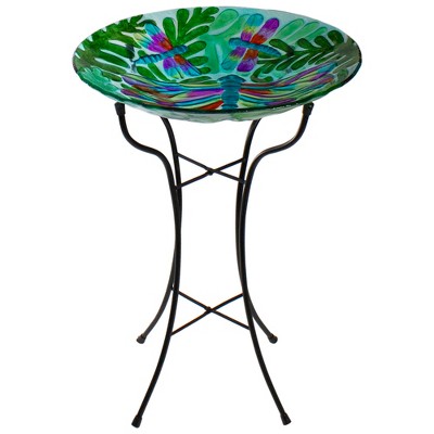 Northlight 18” Colorful Dragonfly with Green Leaves Hand Painted Glass Outdoor Patio Birdbath