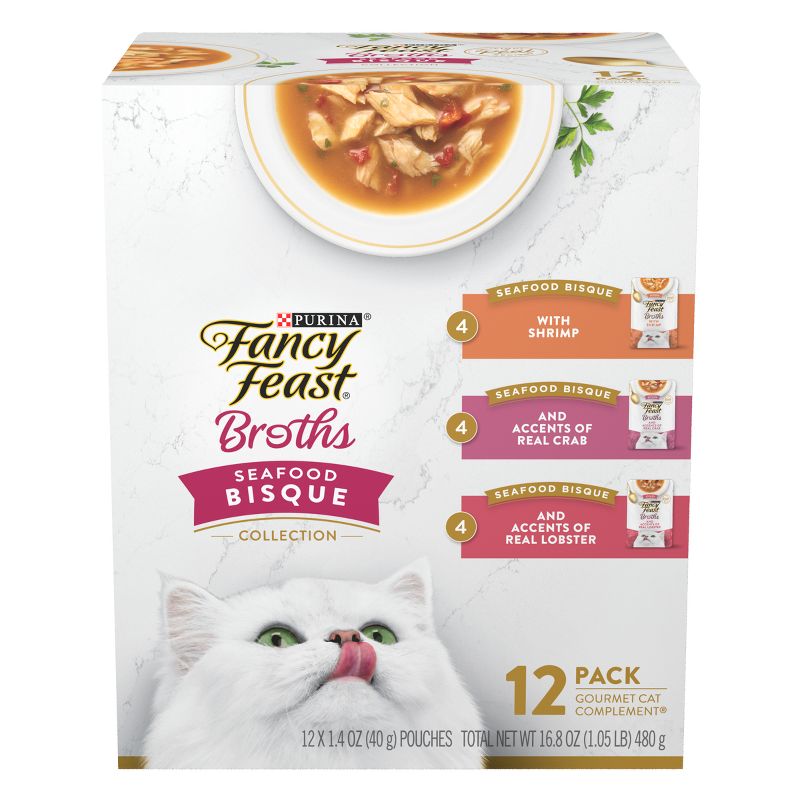 Purina Fancy Feast Broths Seafood Bisque &#38; Shrimp Gourmet Lickable Grain Free Wet Cat Food Variety Pack - 1.4oz /12ct, 1 of 10