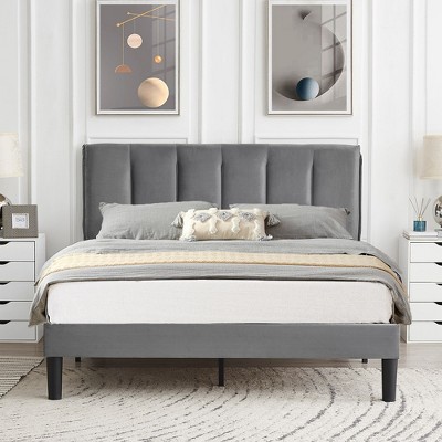 VECELO Upholstered Bed Frame with Adjustable Headboard, Heavy-Duty Platform Bed with Strong Wood Slat Support, No Box Spring Needed