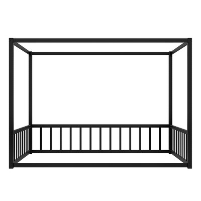 AZL1 Life Concept Beds Modern Floor Bed with Sunshade and Guardrails, Safe Low Profile House Design for Adults and Kids, Black, 77.56"*56.7"*58.27"