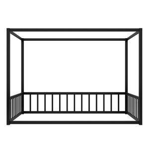 AZL1 Life Concept Beds Modern Floor Bed with Sunshade and Guardrails, Safe Low Profile House Design for Adults and Kids, Black, 77.56"*56.7"*58.27" - 1 of 4