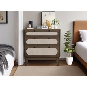 Rattan Dresser with 3 Drawers, Wooden Bedside Chest of Drawers, Small Bohemian Storage Cabinet, Bedside Table, Bedroom, Living Room - 1 of 4