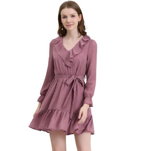 Женские платья INSPIRE CHIC Women's Ruffle V Neck Pom Pom Belted A-Line Chiffon Dress Small Dusty Pink