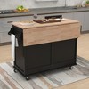 PDTEND 52.2" Kitchen Island with Rubber Wood Drop-Leaf Countertop, Sliding Barn Door, Adjustable Height, 4 Wheels, Storage Cabinet & 2 Drawers - 4 of 4
