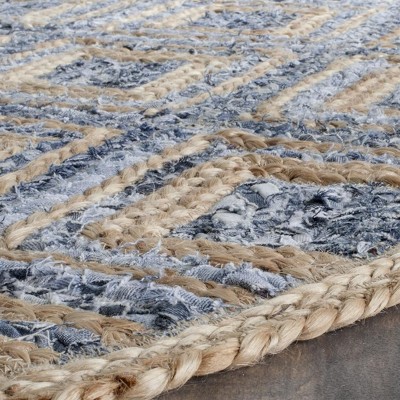 Natural and Blue Geometric Handmade Jute Area Rug