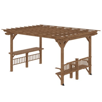 Outsunny 14' x 10' Brown Fir Wood Outdoor Pergola with Bar Counters and Seating
