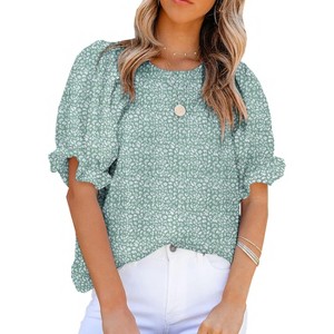 Zeagoo Womens Blouses Dressy Casual Spring Floral Print Crewneck Smocked Puff Short Sleeve Shirts - 1 of 4