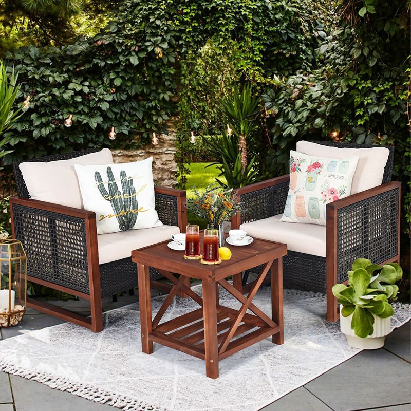 Costway 3PCS Patio Wicker Furniture Set Solid Wood Frame Cushion Sofa w/ Square Table Shelf, 2 of 11