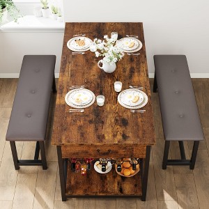 Dining Table Set for 4, Rustic Bar Height Dining Set with Storage & Upholstered Benches, Kitchen Table Set Island Table for Home Bar, Pub - 1 of 4