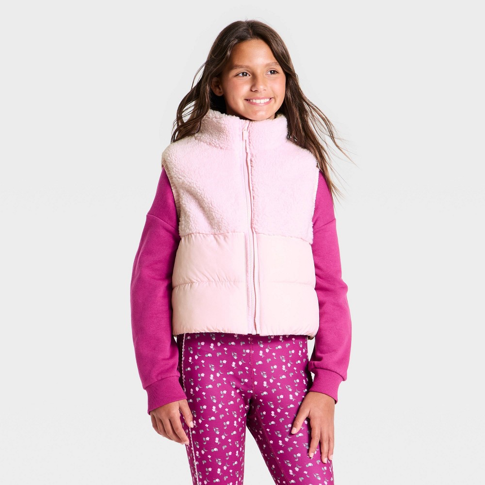 Girls' High Pile Fleece Puffer Vest - All In Motion™ Pink M