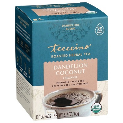 Teeccino Dandelion Coconut Tea - Caffeine Free, Roasted Herbal Tea with Prebiotics, 3x More Herbs than Regular Tea Bags, Gluten Free - 25 Tea Bags