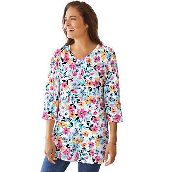 Woman Within Women's Plus Size Perfect Printed Three-Quarter-Sleeve V-Neck Tunic