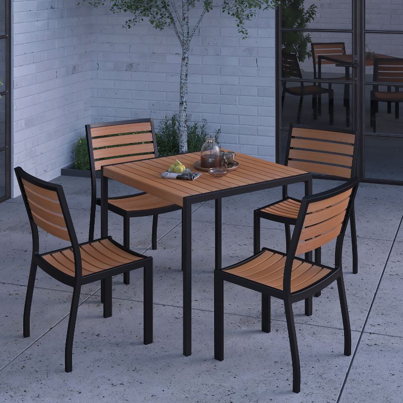 Merrick Lane 5 Piece Patio Table and Chairs Set Faux Teak Wood And Metal Indoor/Outdoor Table and Chairs with All-Weather Purpose, 6 of 14