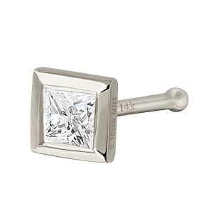 Jewelry Avalanche Bezel Set Princess Cut Moissanite Nose Bone Nose Stud, Solid 14K Gold, 22G - 1 of 4