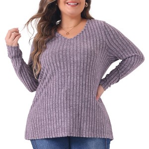 Agnes Orinda Women's Plus Size V-Neck Long Sleeve Basic Ribbed Pitted Brushed Casual Tunic Blouses - 1 of 4