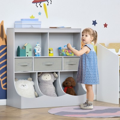 Vynxaria Kids Bookcase Toy Shelf - 2-Tier Toddlers Toy Storage Shelf with 5 Compartments and Pine Wood Legs for Playroom in Gray
