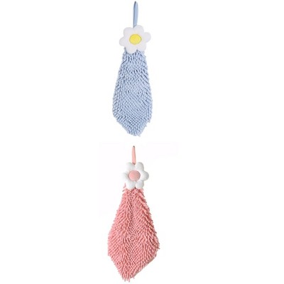 REGALWOVEN Chenille Soft Absorbent Flower Hanging Hand Towels for Bathroom 2 Pcs